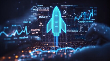 Poster - Rocket Launch Against a Digital Blue Background, Representing Innovation, Business Growth, and Startup Success, Generative AI