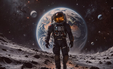 Wall Mural - man in a space suit is walking on a planet. the planet is surrounded by many small rocks