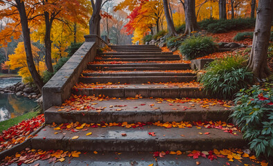 Poster - Staircase with leaves on it. The leaves are orange and red