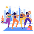© Syuhuud - Both male and female are working out and training at the gym. Fitness enthusiasts jog on a treadmill and lift weights and dumbbells. Exercise, fitness, fitness, sport, and running. Vector ill