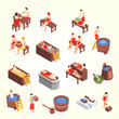 © enggar - Bathhouse and spa relaxing isometric set demonstrating people in steam bath jacuzzi massage procedures tea time isolated vector illustration