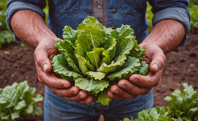 Wall Mural - Man is holding a head of lettuce in his hands. The lettuce is green and he is fresh