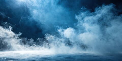 Wall Mural - Abstract blue background with swirling clouds of white and gray mist, evoking a sense of ethereal mystery, nature-inspired, vintage, soft focus, serene, mystical