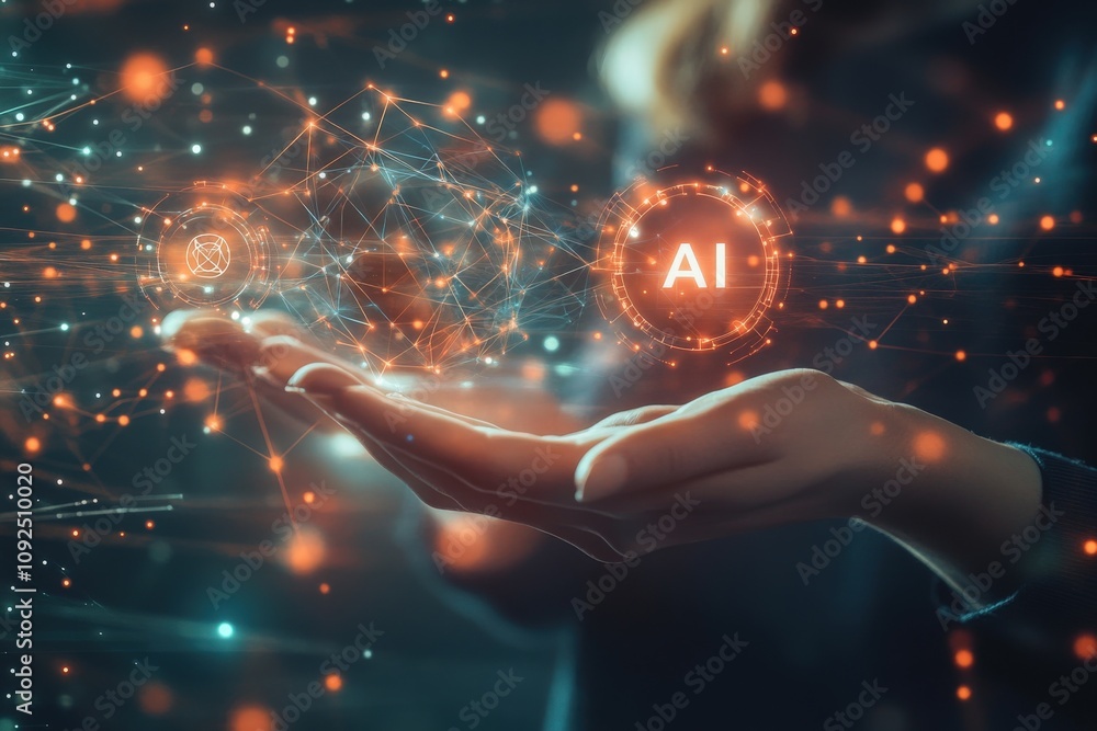 A pair of hands extends forward, showcasing glowing symbols of artificial intelligence and interconnected networks.