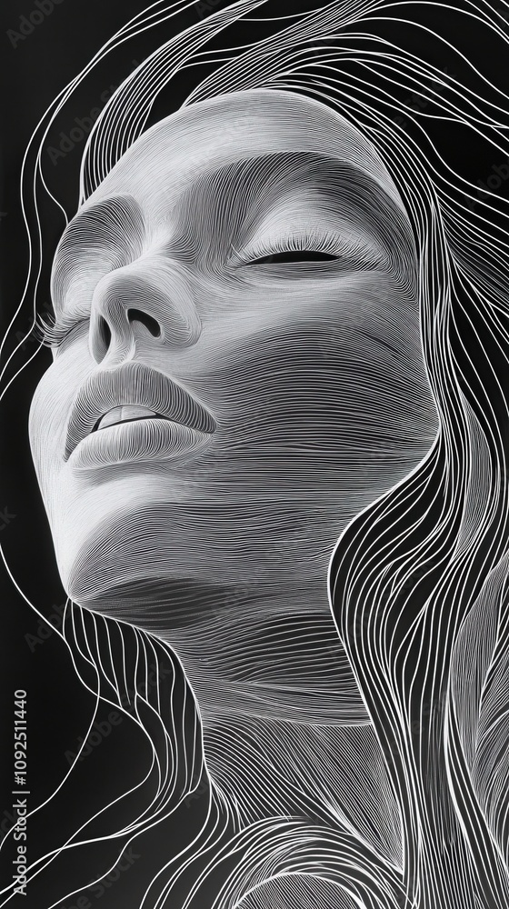 A close-up view of a womans face illustrated with intricate line work. The composition emphasizes her peaceful expression and flowing hair against a dark background.