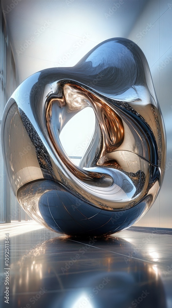 A striking metallic sculpture with smooth curves and reflective surfaces sits in a well-lit contemporary gallery.