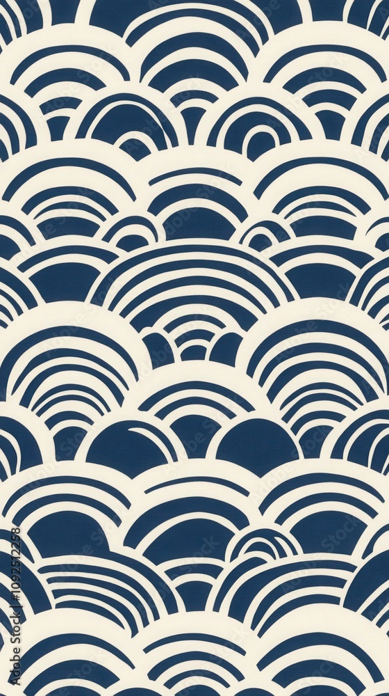 This pattern showcases a series of large, curved wave shapes in a deep blue contrasted with a light background. The design creates a rhythmic and calming visual effect.