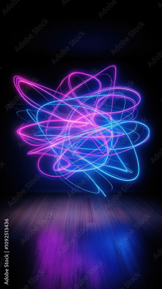 Vibrant pink and blue light trails crisscross in a dark space, forming an abstract artistic design. This dynamic display of colors showcases fluid movement and creativity against a wooden floor.