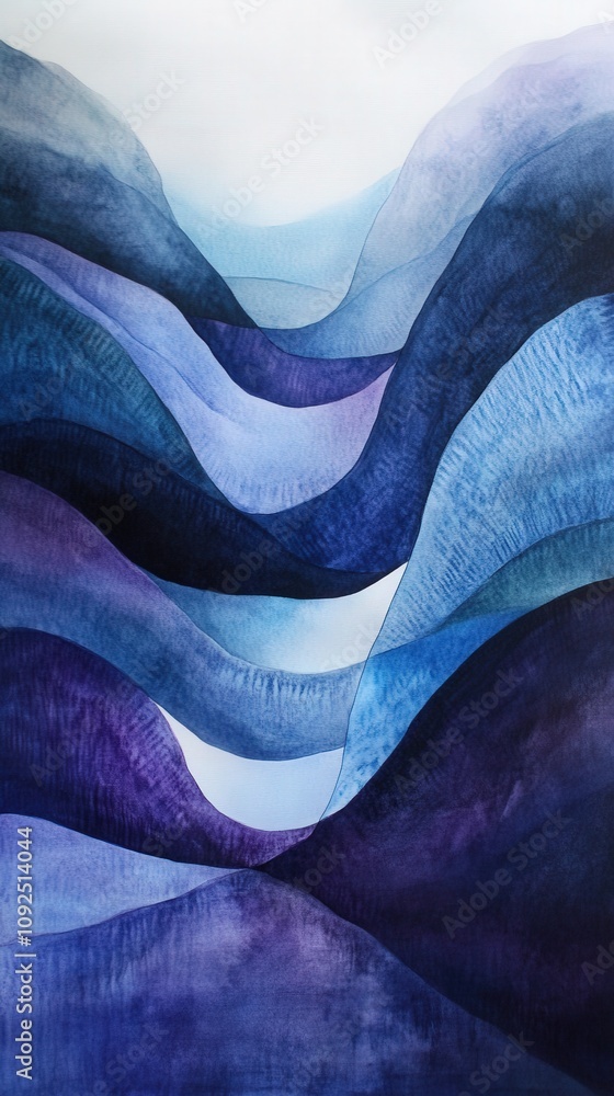 This artwork showcases an abstract interpretation of rolling hills or mountains, with flowing waves in shades of blue and purple. The smooth curves create a serene and calming effect.
