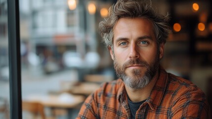 Wall Mural - portrait of man with beard indoors with copy space