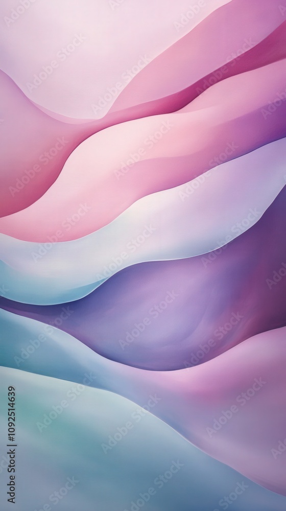 Swirling waves of soft pink, purple, and blue blend seamlessly across the canvas, creating an ethereal and calming effect. The gentle curves invite viewers into a peaceful, dreamlike space.