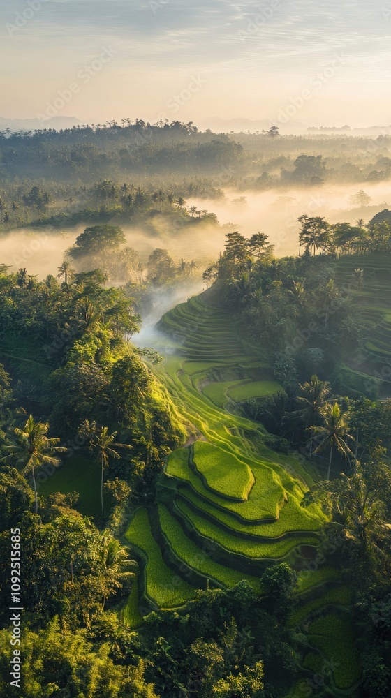 Lush green rice terraces in Bali are enveloped in morning mist. The sprawling landscape reveals intricate patterns and natural beauty, creating a peaceful and serene atmosphere.