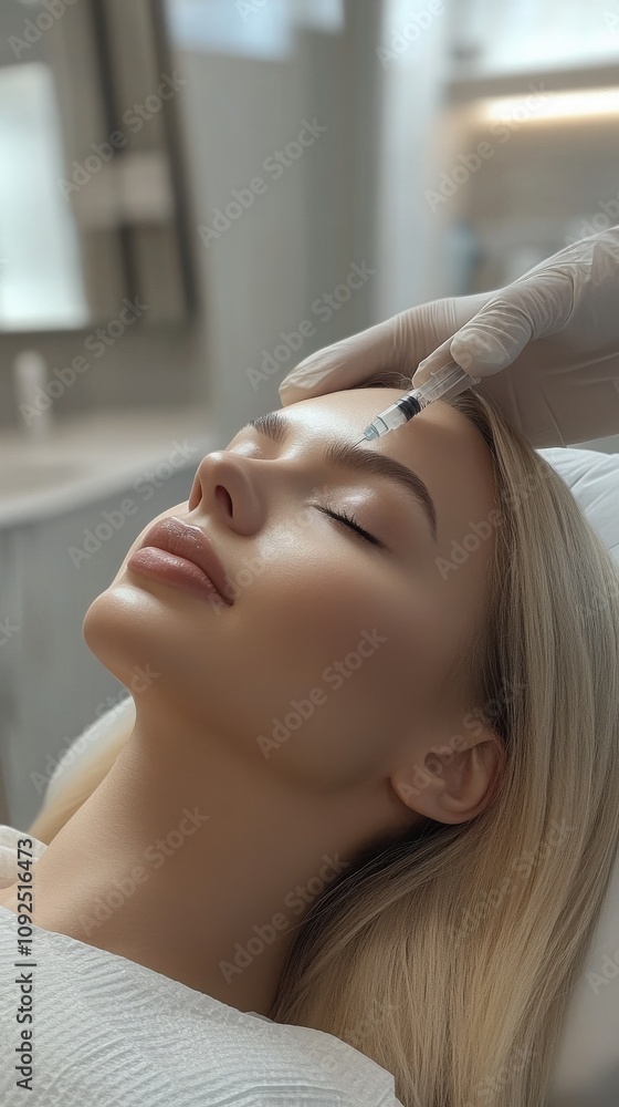 A young woman relaxes with her eyes closed during a skincare treatment in a bright, modern salon. A professional gently administers the procedure, focusing on her forehead.