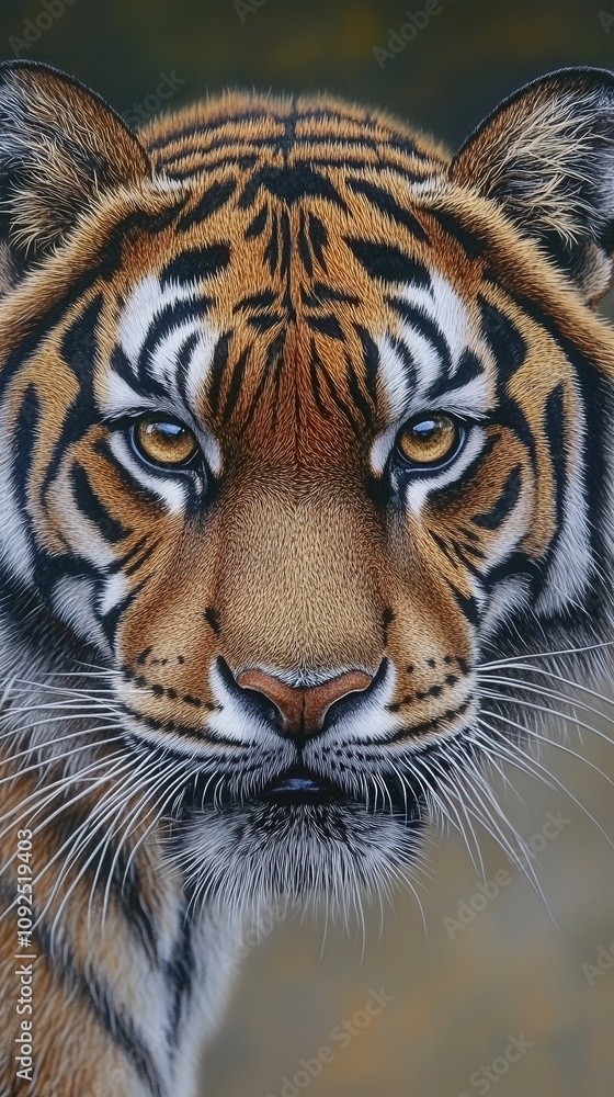 A powerful tiger with a vivid orange coat and distinct black stripes looks directly at the observer. Its piercing eyes reflect intelligence and strength.