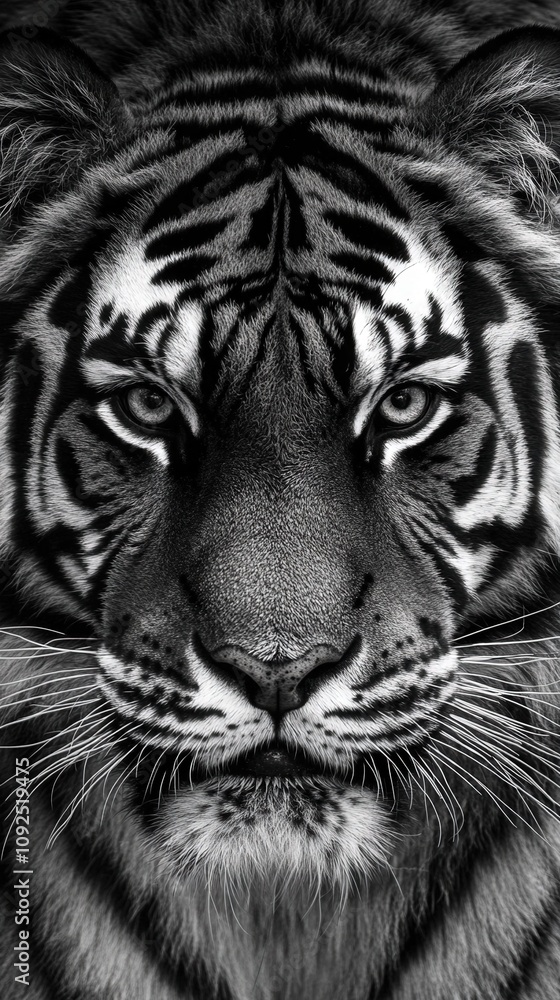 The close-up view reveals the powerful features of a tiger, showcasing its detailed fur patterns and piercing eyes.