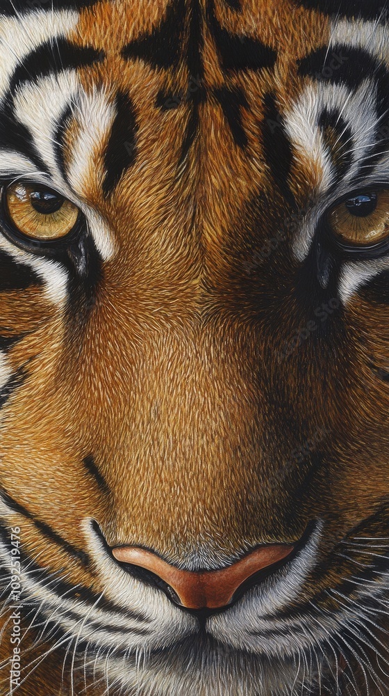 A close view of a tigers face highlights its intense gaze and stunning fur patterns. The vibrant orange and black stripes contrast with its deep golden eyes, revealing the beauty of nature.