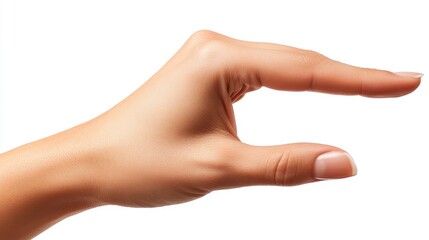 Hand gesturing a small size with fingers pinched together against a clean white background, emphasizing a size comparison in a clear and minimalist style.