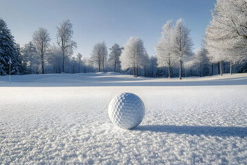 Wall Mural - A serene winter golf course with snow-covered fairways and trees, a lone golf ball rests on the pristine white surface, symbolizing peace, tranquility, and the beauty of winter.