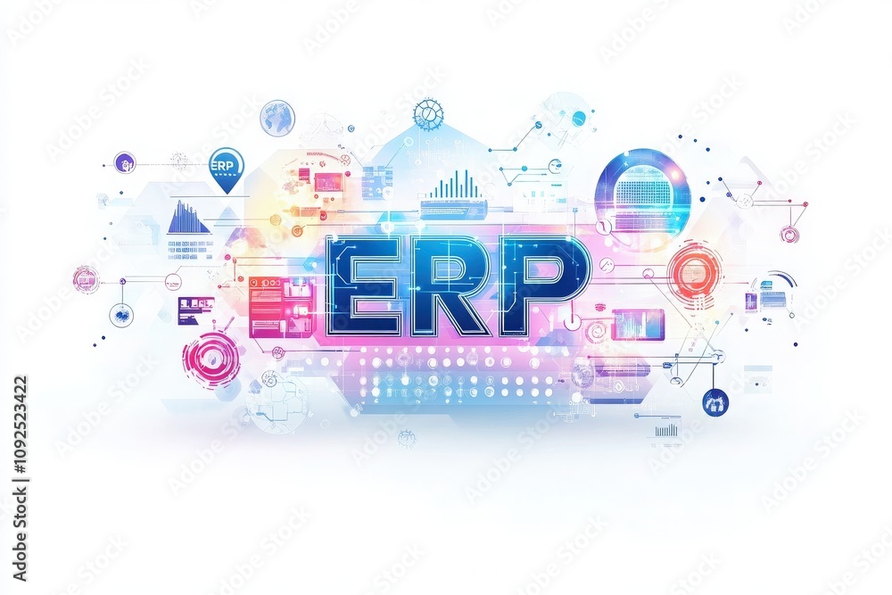 Vibrant display of various digital elements representing Enterprise Resource Planning solutions. The composition combines icons, graphs, and charts, illustrating the synergy of business operations.