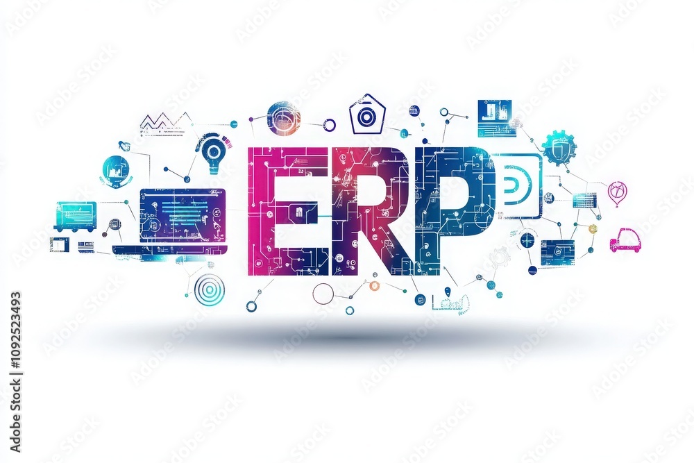 A digital design illustrates the concept of ERP with vibrant colors and interconnected icons.
