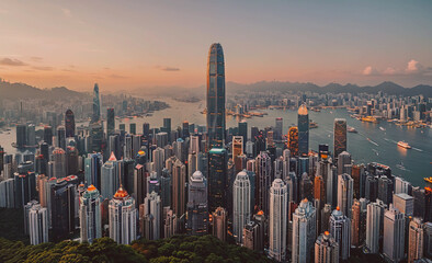 Poster - City with a tall building in the middle. The city is lit up at night. There are many buildings in the city