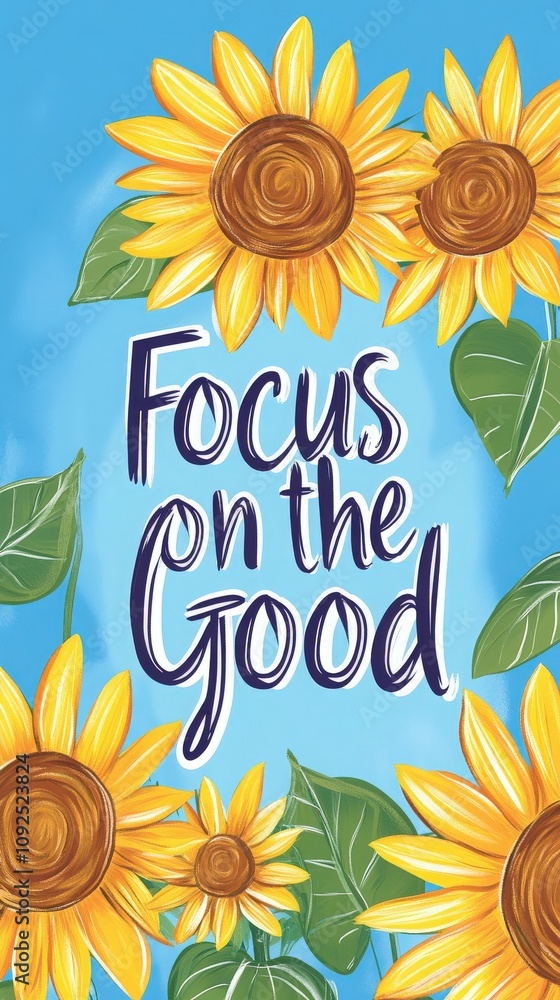 This colorful artwork features vibrant sunflowers set against a blue background, accompanied by the uplifting phrase encouraging viewers to focus on the good in life and appreciate positivity.