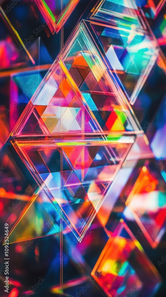 A vibrant display of light reflects through various glass prisms, creating a dazzling array of colors. The geometric shapes intermingle, casting enchanting patterns on the surface.