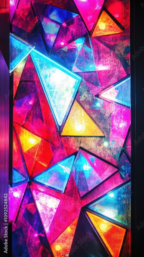 Bright geometric patterns of colored lights cover a wall, creating a lively atmosphere in a modern artistic setting. The vibrant display features triangles that shine in various hues.