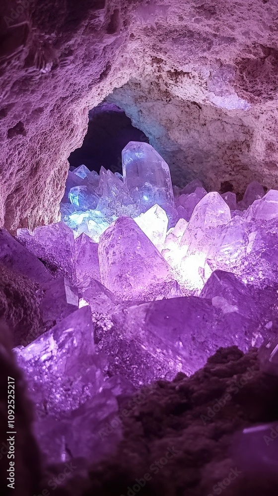 Shimmering purple crystals are scattered across a cave floor, glowing softly in various hues. The natural formations create a mesmerizing and enchanting atmosphere, highlighting geological wonders.