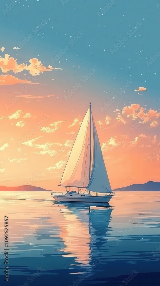 A sailboat sails smoothly on tranquil waters during sunset. The sky displays stunning hues of orange and blue, reflecting on the waters surface amidst distant hills.
