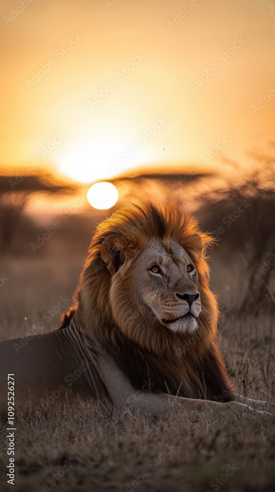 A majestic lion lies calmly on the grass, illuminated by the warm glow of the setting sun. The sky transitions to shades of orange and gold, creating a stunning backdrop.