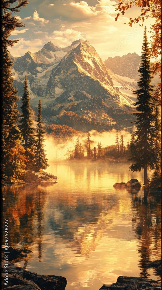Vivid sunset illuminates a serene lake surrounded by tall evergreen trees and majestic mountains. Autumn colors enhance the scenic beauty, creating a peaceful atmosphere.