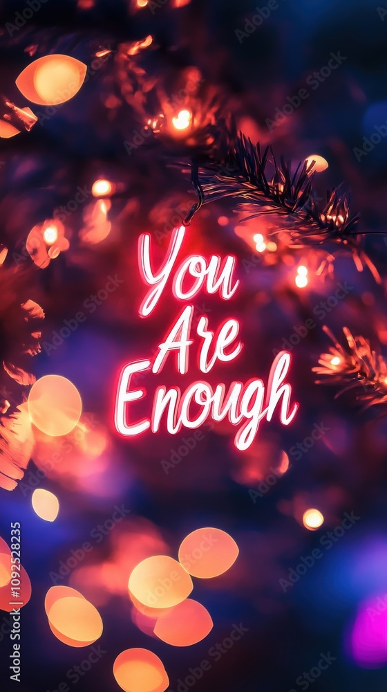 Twinkling lights create a warm atmosphere, highlighting the empowering message You Are Enough.