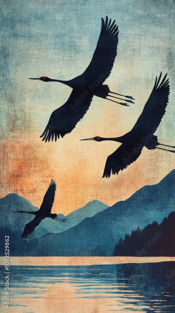 Three elegant cranes glide through the sky above a tranquil lake reflecting the vibrant hues of a sunset, with majestic mountains framing the scenic view in the distance.