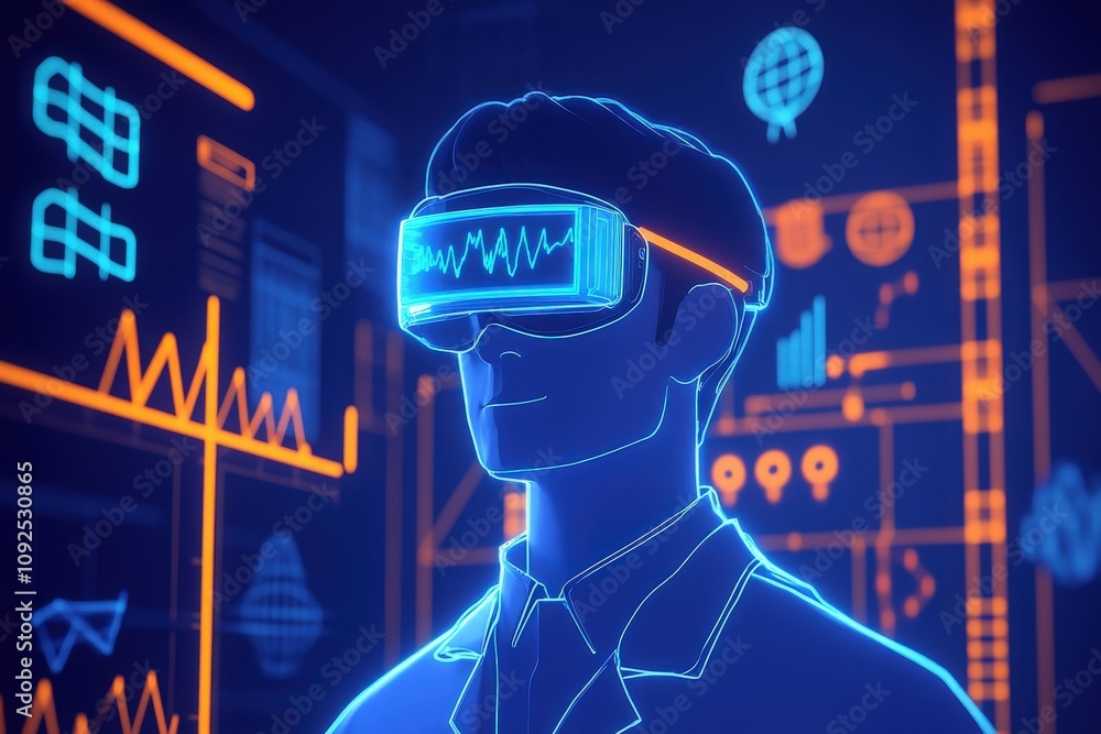 A man is immersed in a virtual reality experience, wearing a high-tech headset.