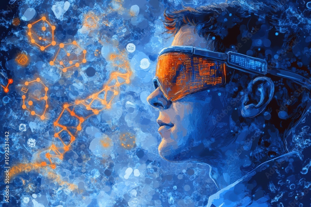 A person is wearing futuristic goggles that display digital information.