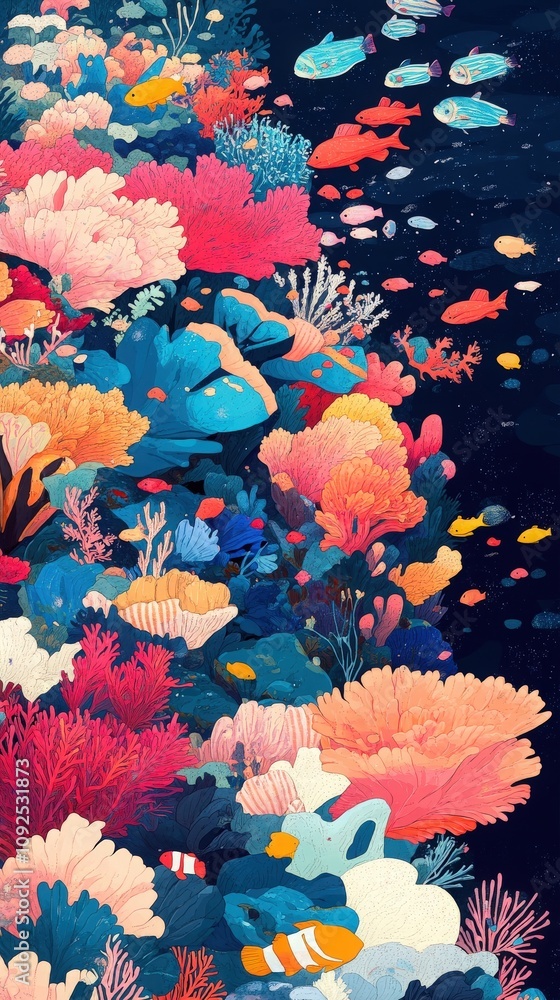 A lively underwater scene showcases a rich variety of corals, colorful fish, and marine plants.