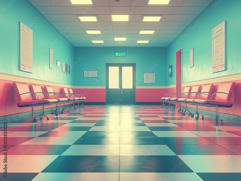 Nurse sitting alone by a vacant nurse s station, focus on untouched ...