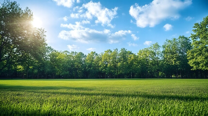 Wall Mural - An open grassy field in a public park, with well-kept grass and a backdrop of mature trees and blue sky.