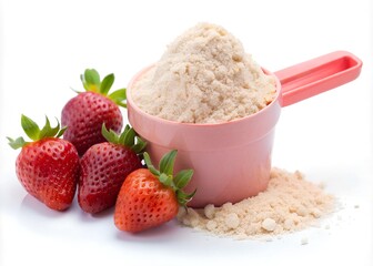 plastic scoop of whey protein isolated on white background strawberry flawour