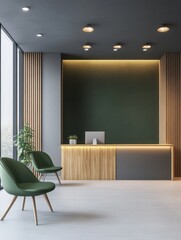 Wall Mural - Modern Office Reception Area with Green Chairs and Wood Accents