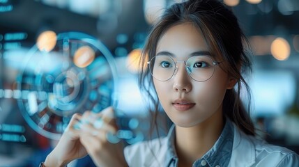 Leinwandbilder - Chinese woman working as a product manager, discussing design with her team, digital prototypes softly blurred behind her.