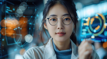 Leinwandbilder - Chinese woman working as a product manager, discussing design with her team, digital prototypes softly blurred behind her.