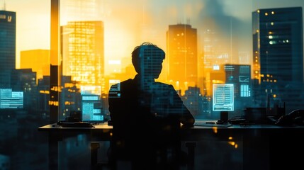 Poster - A silhouette of a person at a desk against a city skyline during sunset.