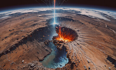 Wall Mural - volcano with a crater and a river. the volcano is on a planet. the crater is on the left side of the