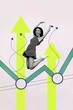 © deagreez - Vertical photo collage of happy girl jump promotion arrow success development progress graph isolated on painted background