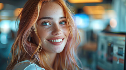 Poster - Smiling joyful stylish modern young woman with colored hair sitting in front of several modern computer monitors in bright office.