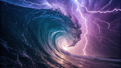 Wall Mural - the air is filled with a swirling vortex of purple and blue hues as lightning crackles through the a