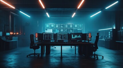 Futuristic Server Room With Multiple Monitors Displaying Data