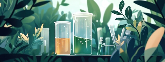 Aufkleber - A serene laboratory scene with beakers and plants, blending science and nature.